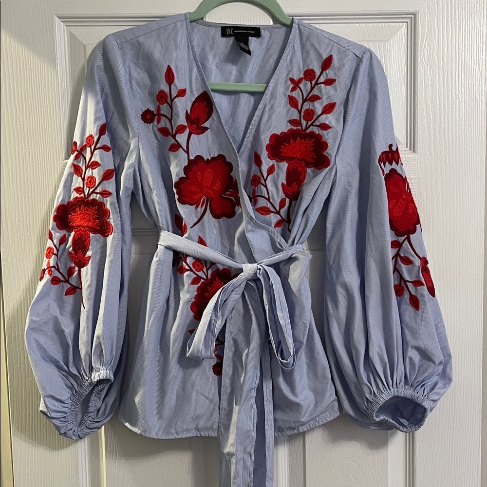 INC International Concepts Light Blue Blouse with Red Floral Embroidery